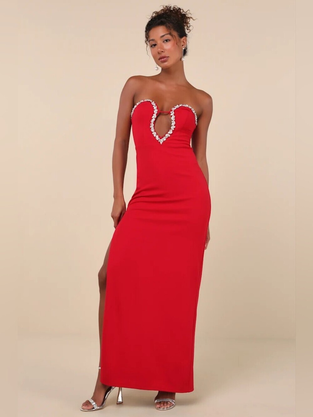 NWT Lulu's Sensational Luxury Red Rhinestone Cutout Strapless Maxi Dress Red S - Picture 1 of 16